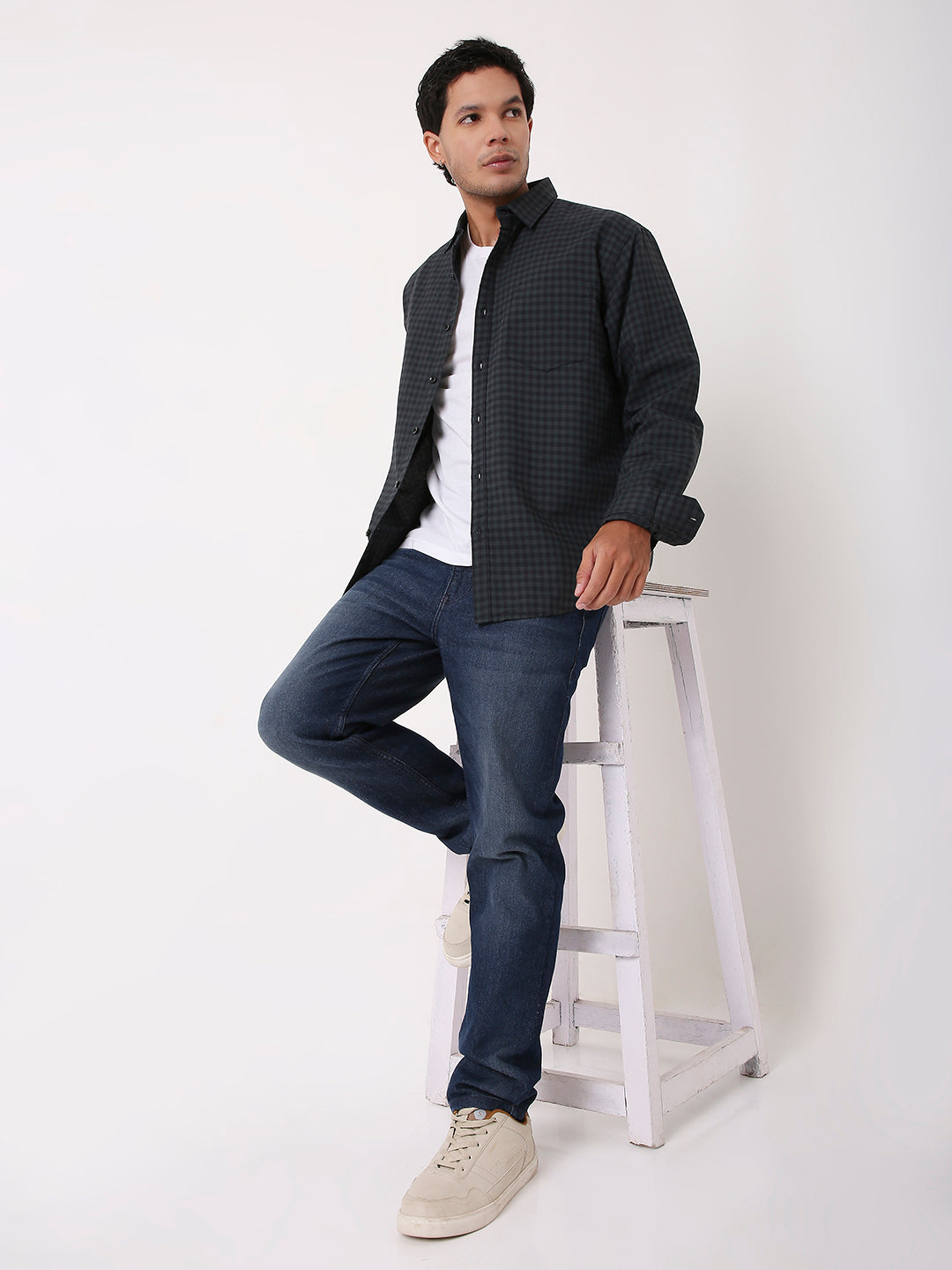 RELAXED FIT CHECKERED GREEN COTTON SHIRT