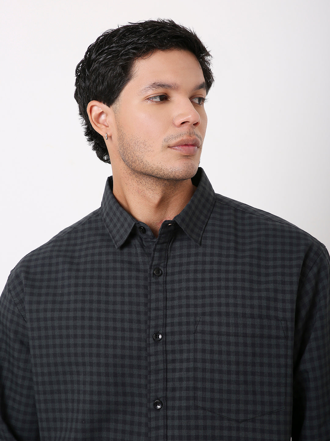 RELAXED FIT CHECKERED DARK GREY COTTON SHIRT