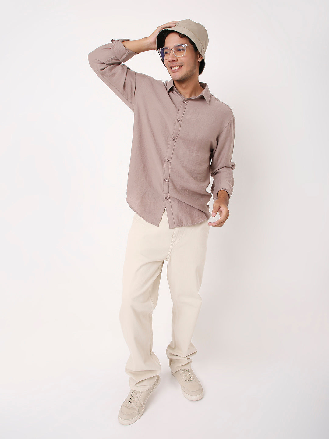 LINEN BLEND TAUPE LONG SLEEVE CASUAL SHIRT