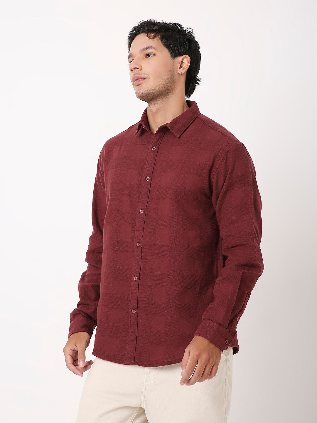 TEXTURED CHECKERED MAROON COTTON SHIRT