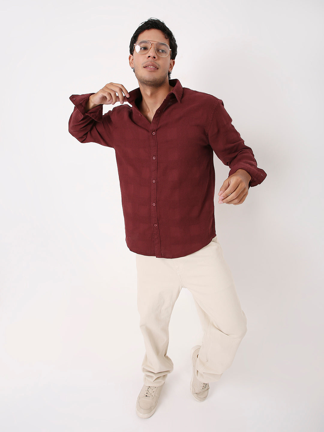 TEXTURED CHECKERED MAROON COTTON SHIRT