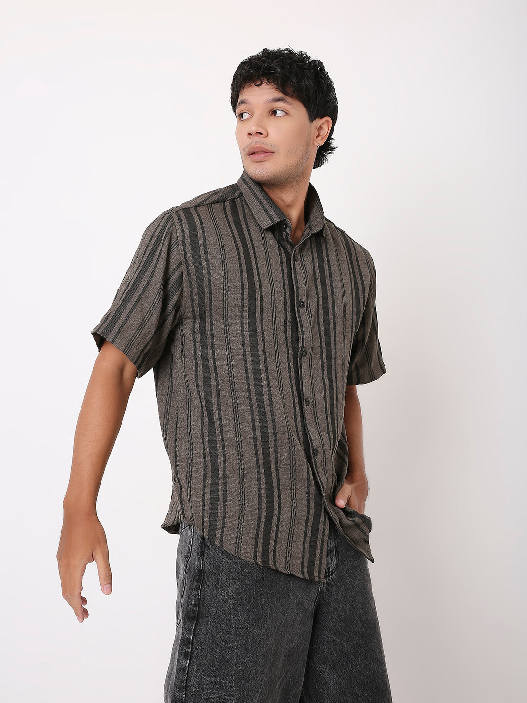 TEXTURED STRIPED  GREY HALF SLEEVE SHIRT