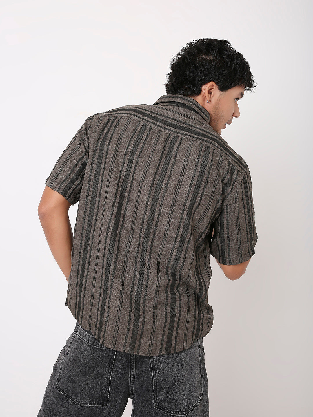 TEXTURED STRIPED  GREY HALF SLEEVE SHIRT