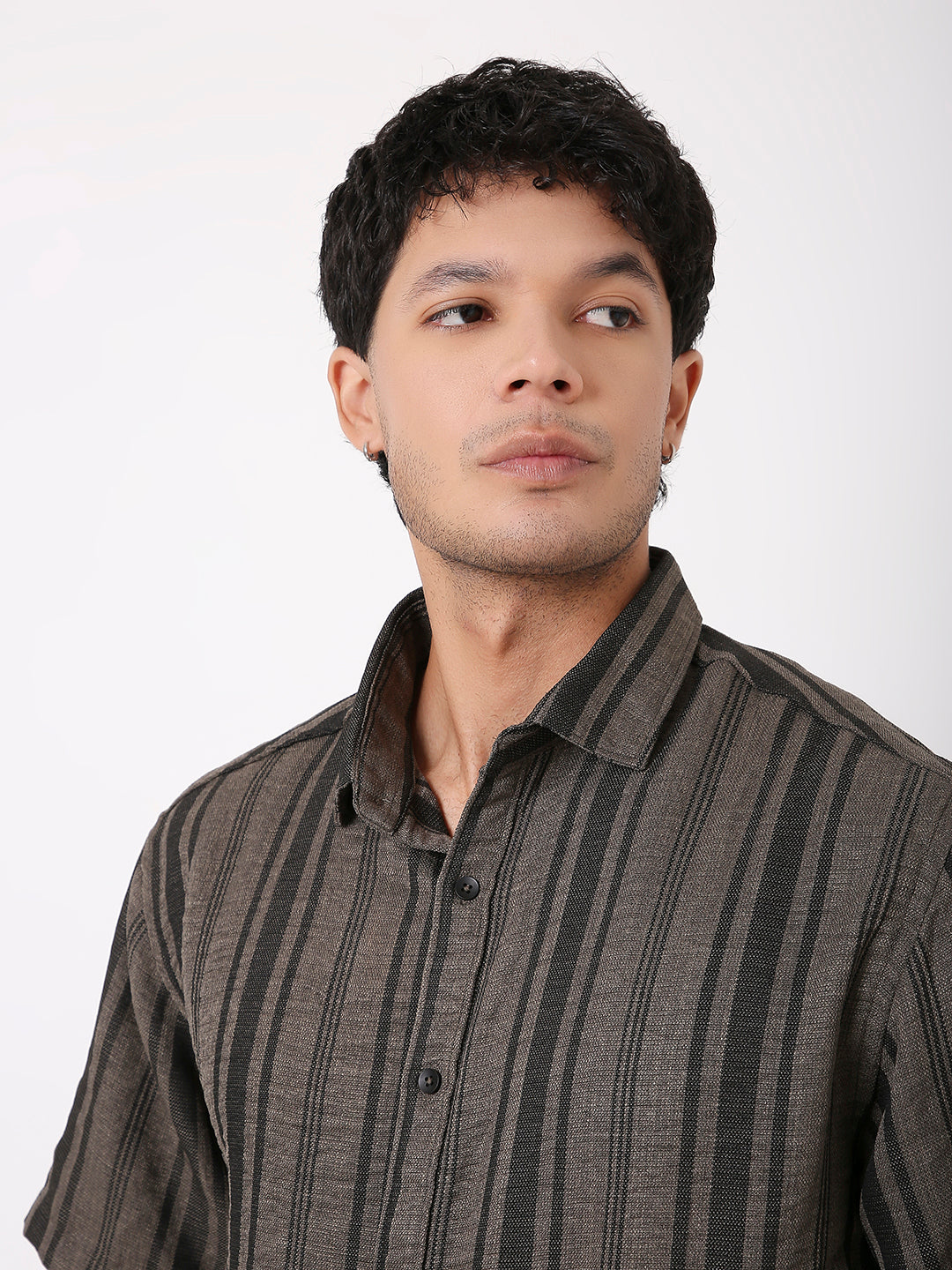 TEXTURED STRIPED  GREY HALF SLEEVE SHIRT