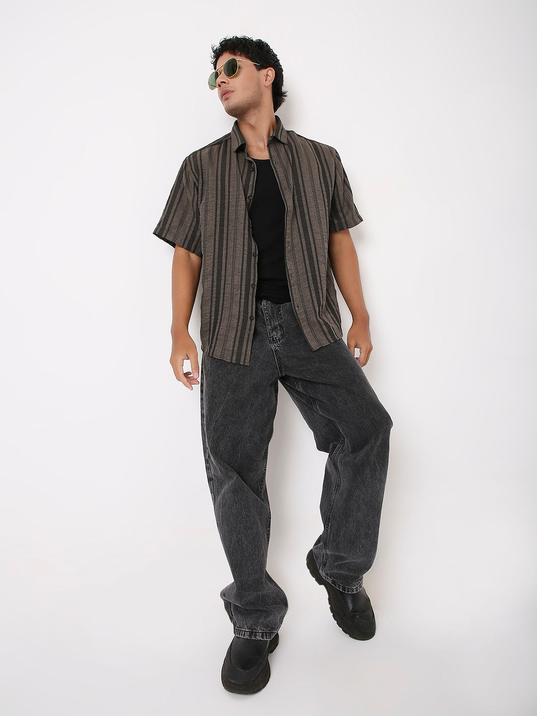 TEXTURED STRIPED  GREY HALF SLEEVE SHIRT