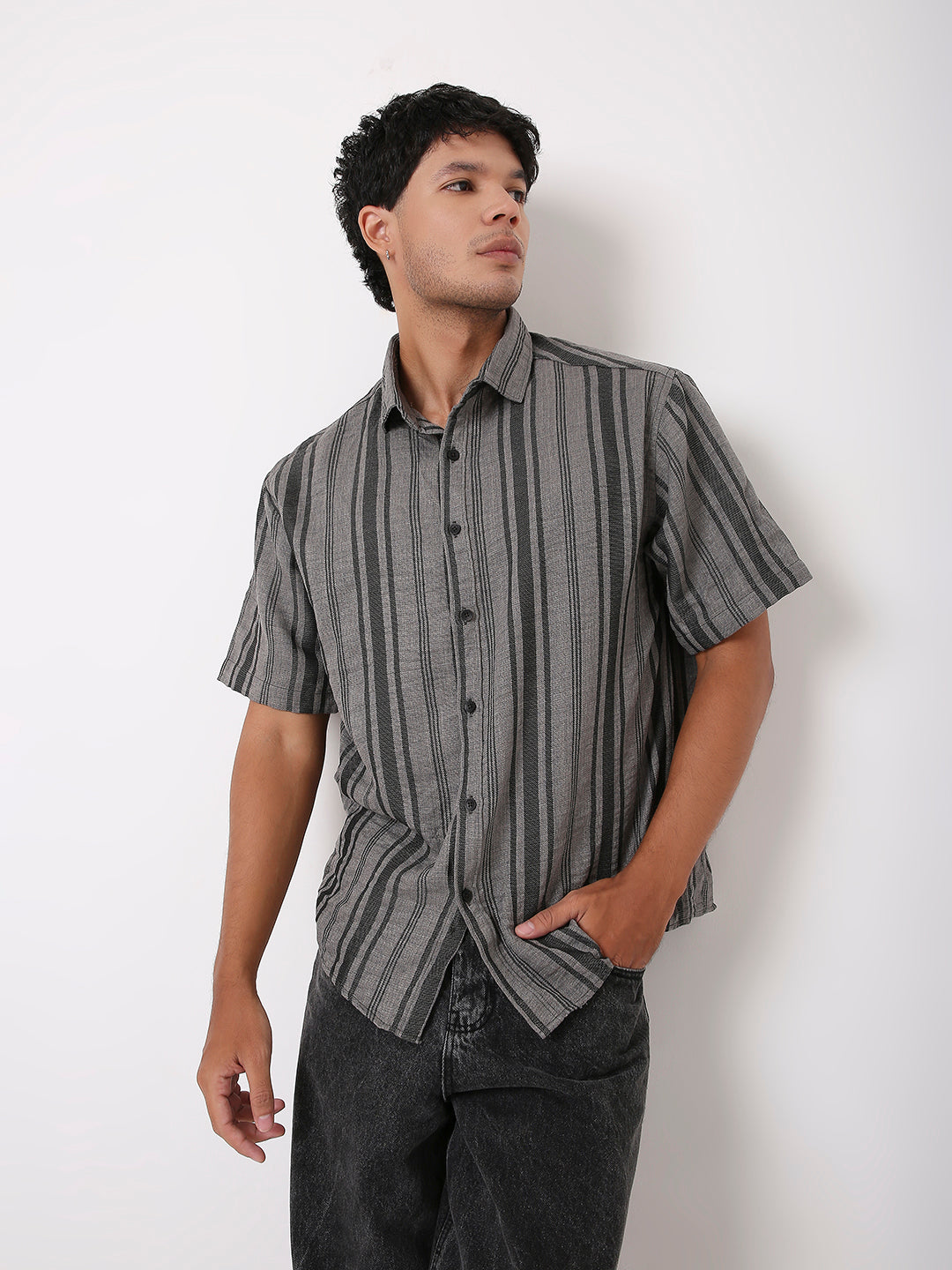 TEXTURED STRIPED HALF SLEEVE SHIRT