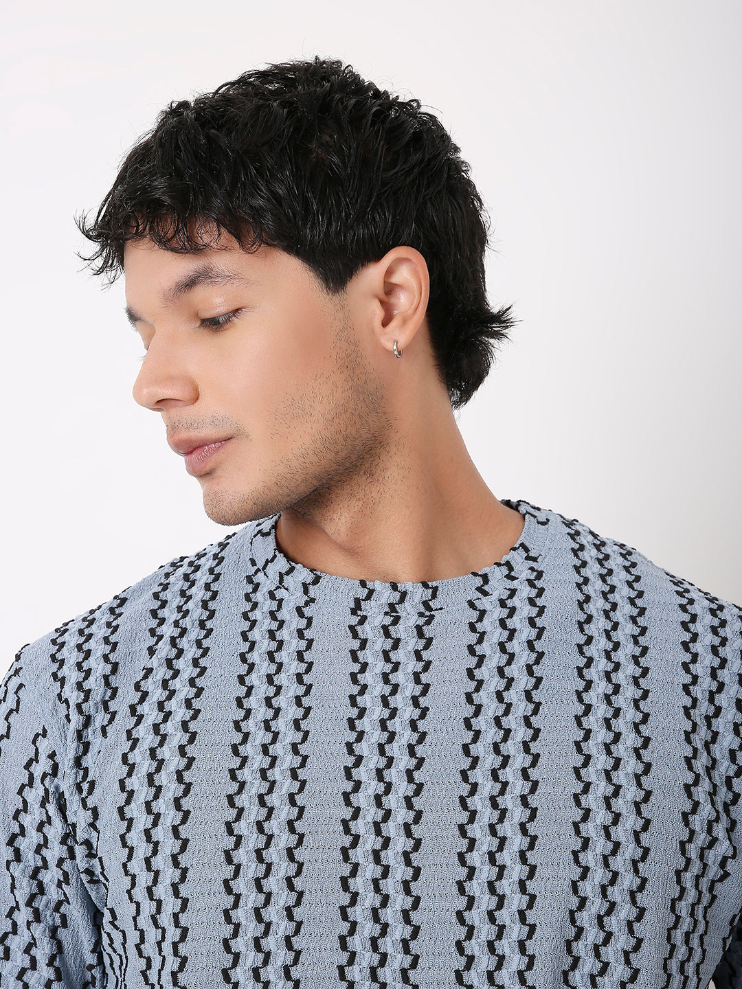 UNISEX TEXTURED SHORT SLEEVE PATTERNED BLUE T-SHIRT FOR MEN