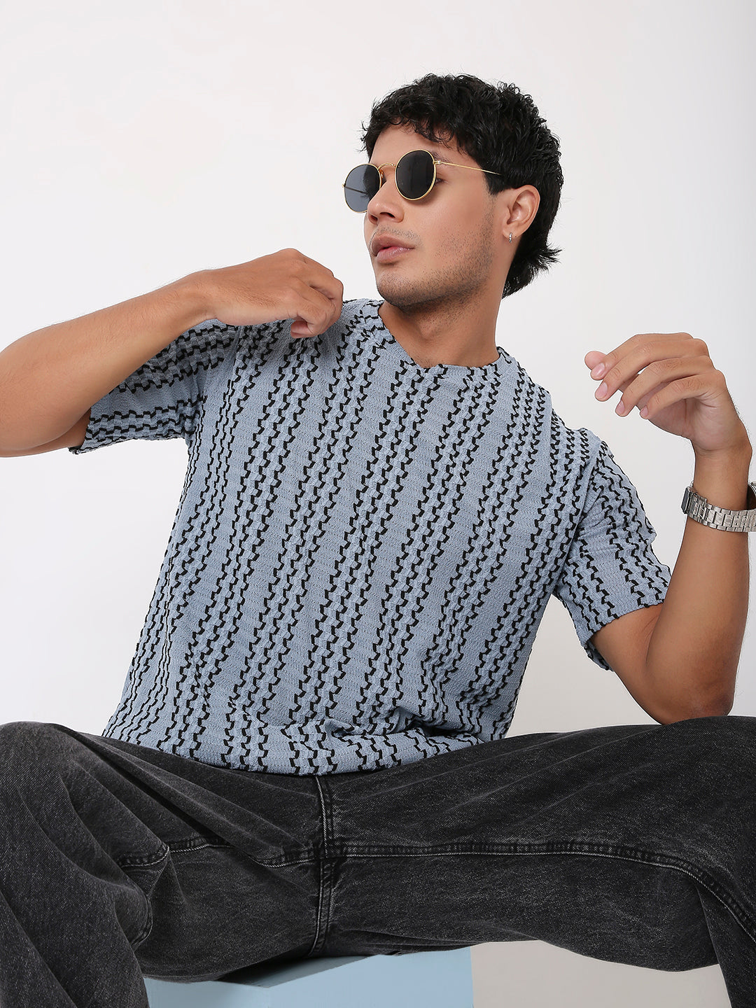 UNISEX TEXTURED SHORT SLEEVE PATTERNED BLUE T-SHIRT FOR MEN
