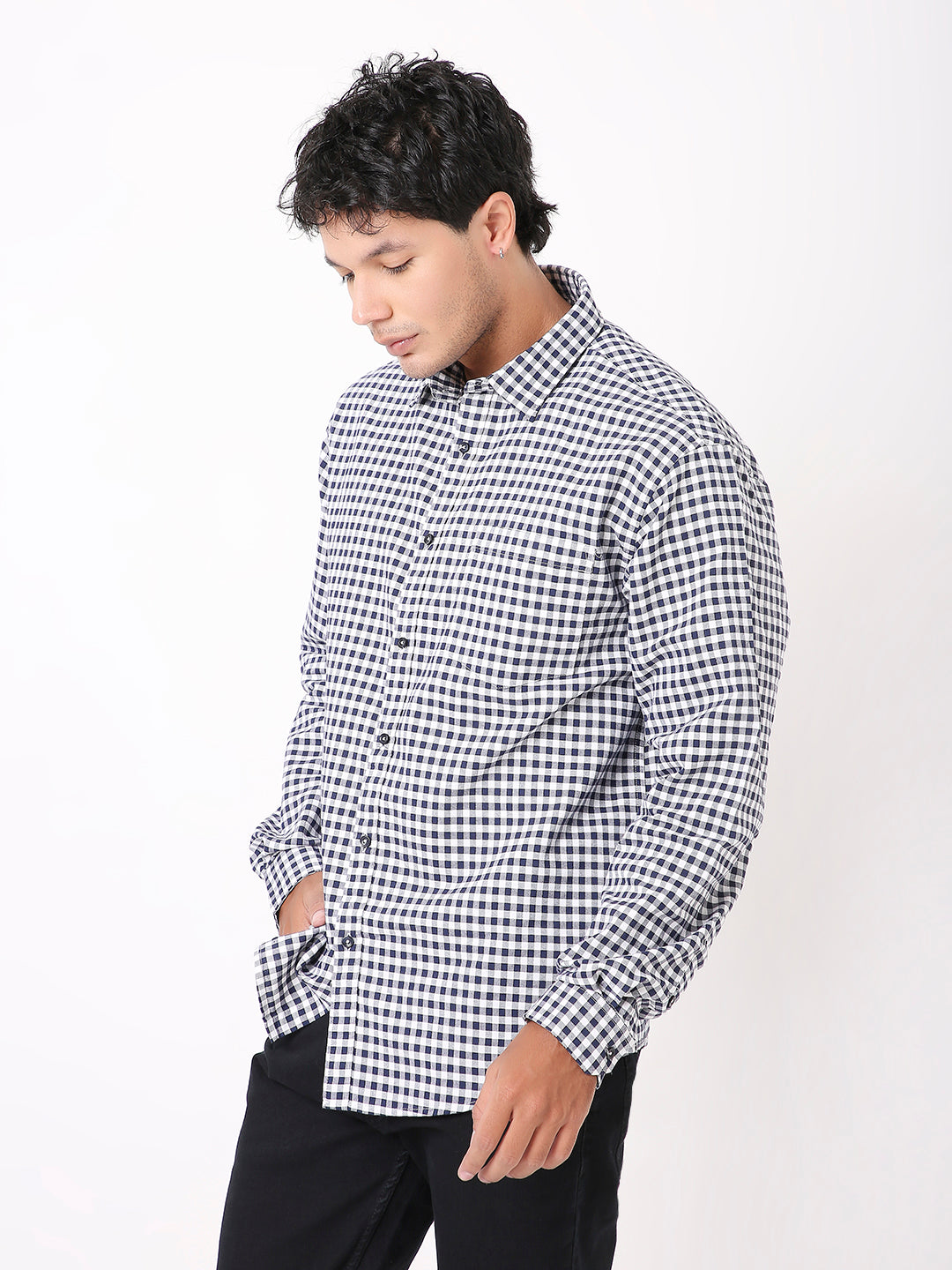 NAVY BLUE OXFORD GINGHAM COTTON SHIRT