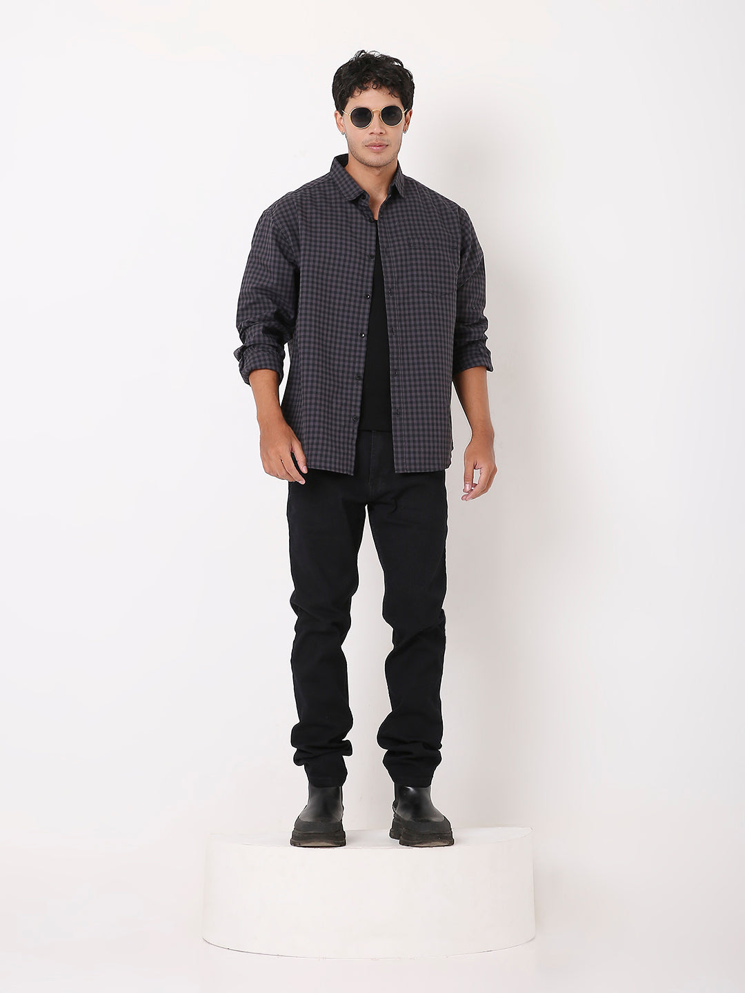 DARK GRAY OXFORD GINGHAM COTTON SHIRT