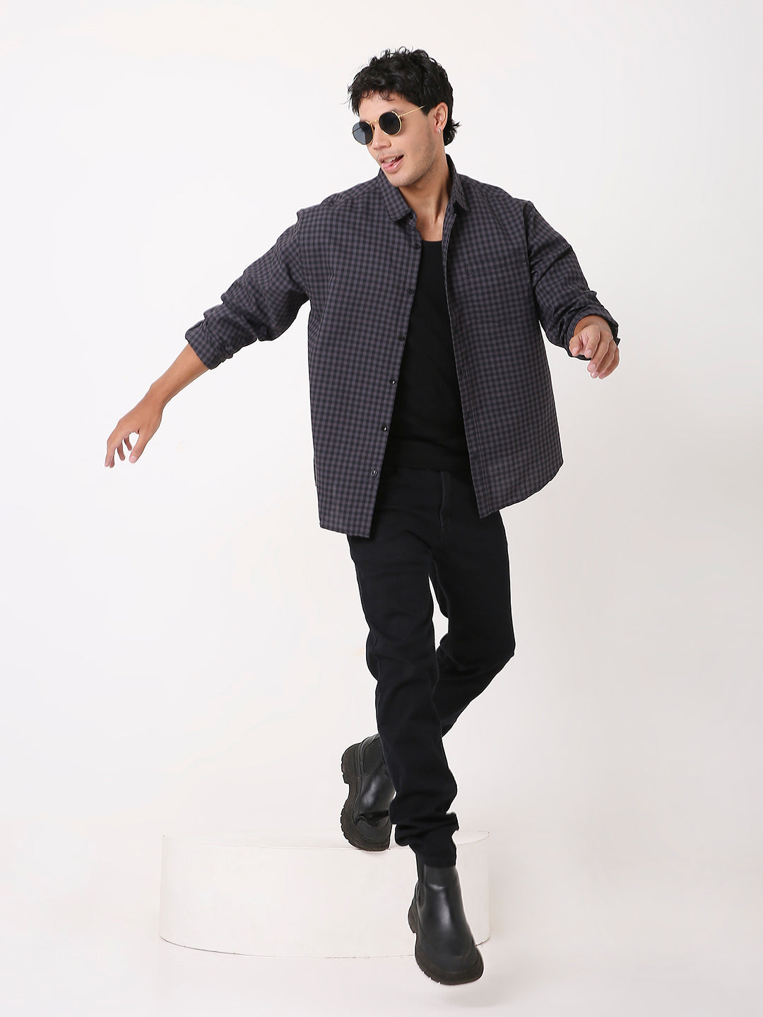 RELAXED FIT CHECKERED DARK GREY COTTON SHIRT