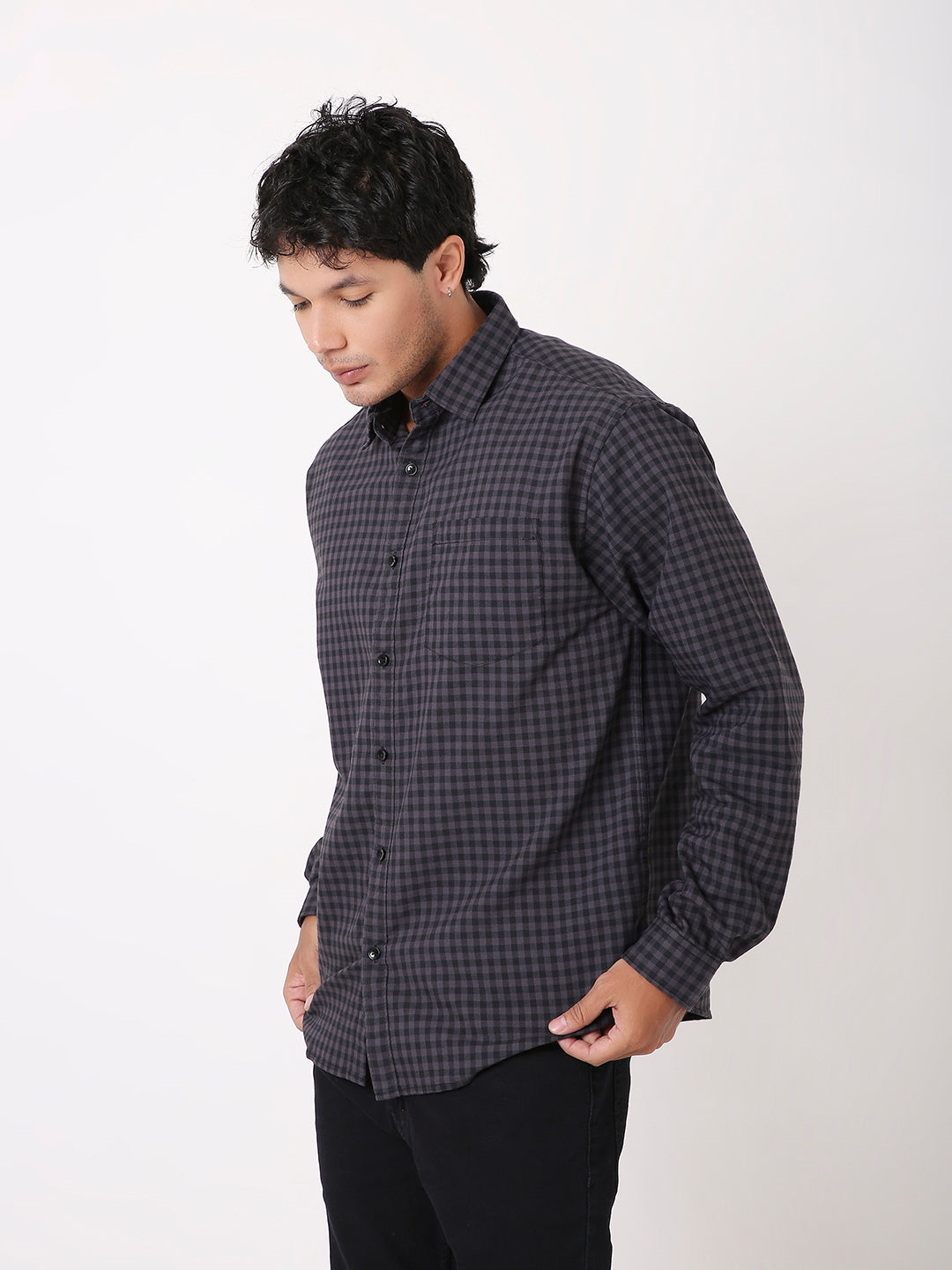 DARK GRAY OXFORD GINGHAM COTTON SHIRT