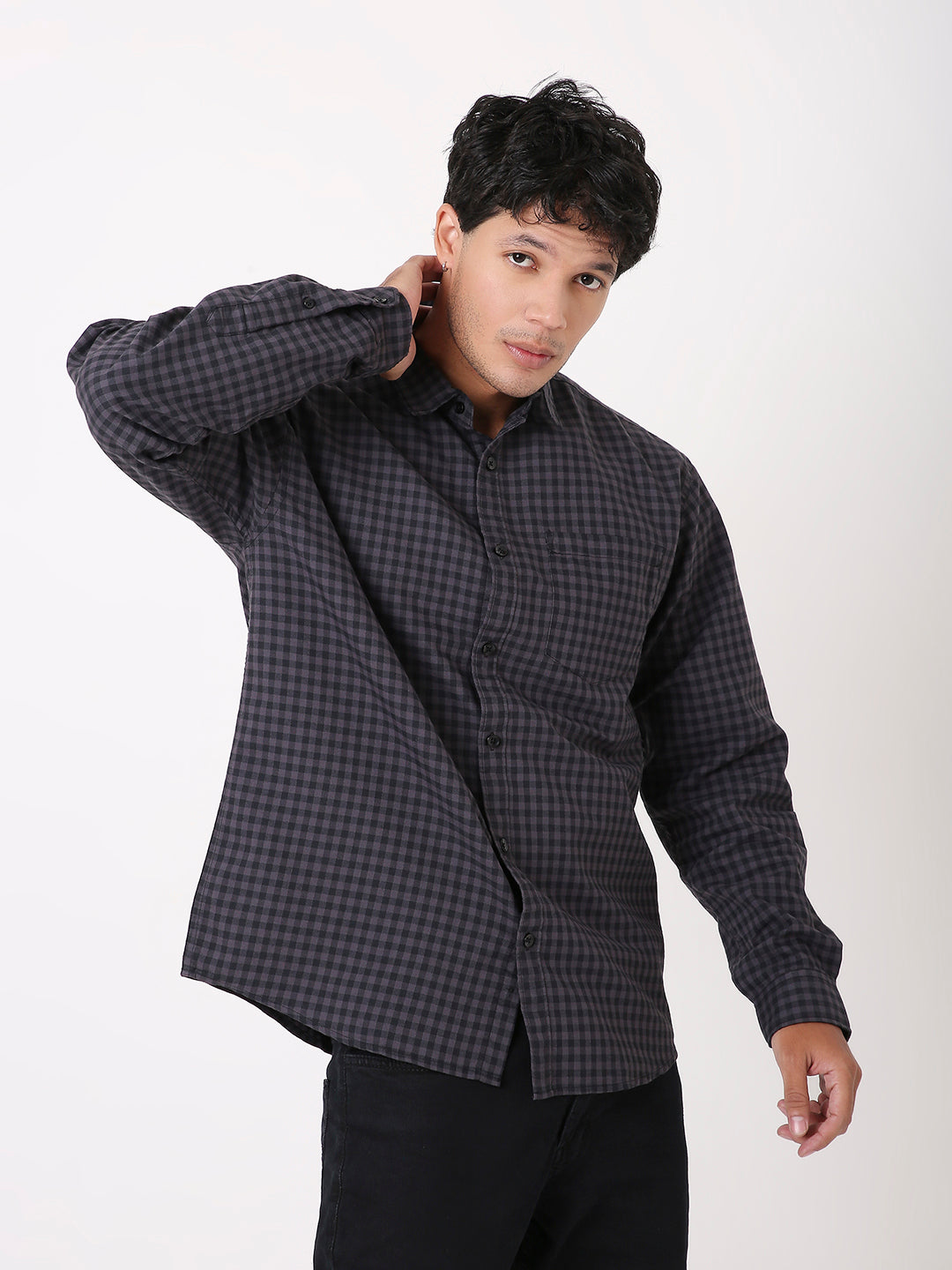 DARK GRAY OXFORD GINGHAM COTTON SHIRT