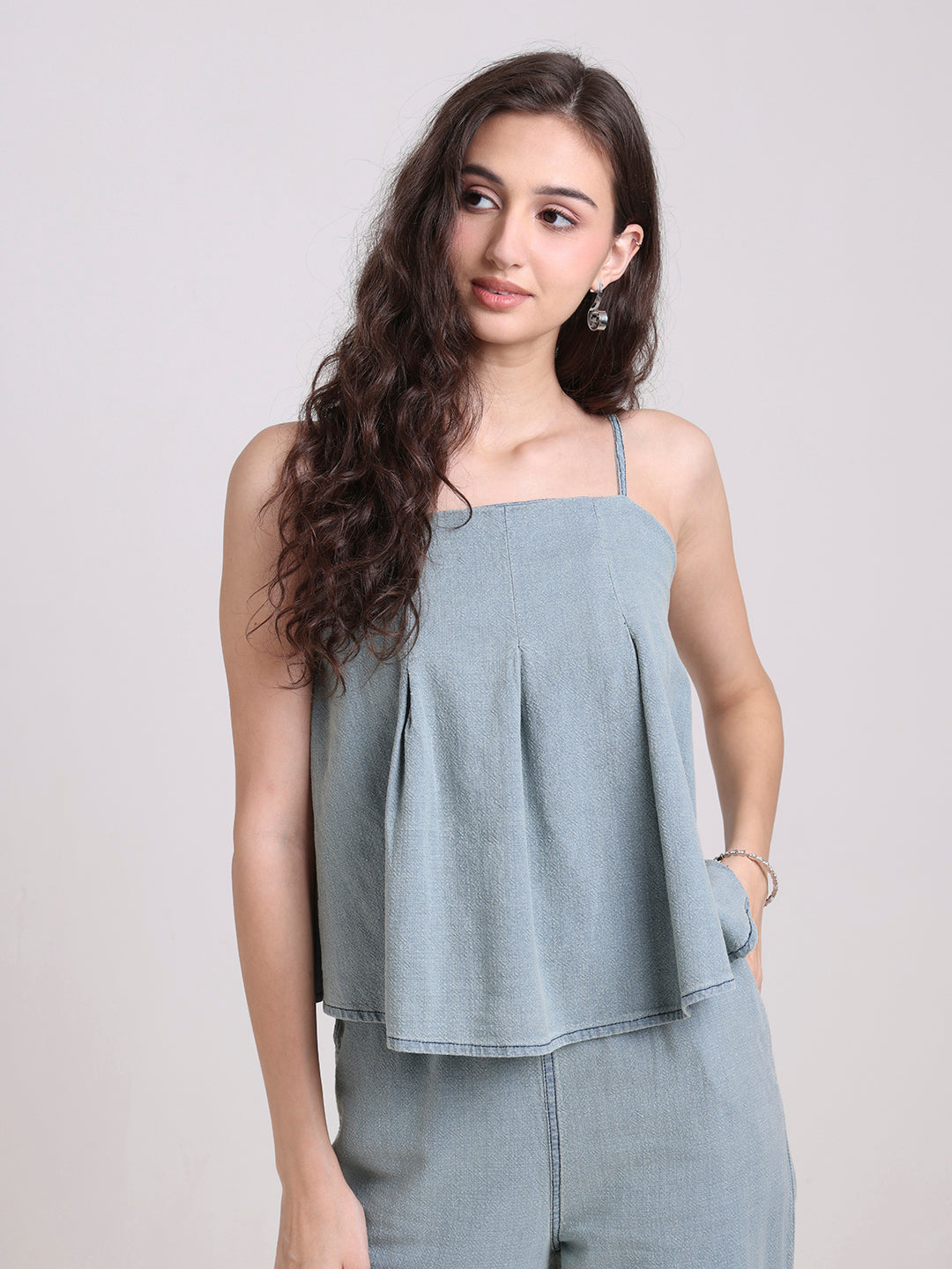 Washed Denim Co-Ord Set with Flared Cami Top & Wide-Leg Trousers