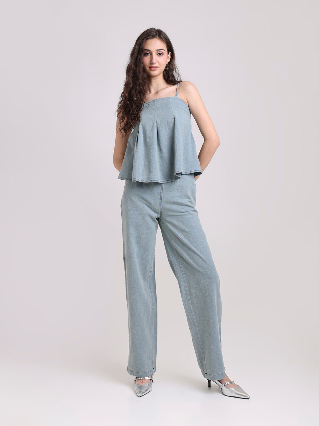 Washed Denim Co-Ord Set with Flared Cami Top & Wide-Leg Trousers
