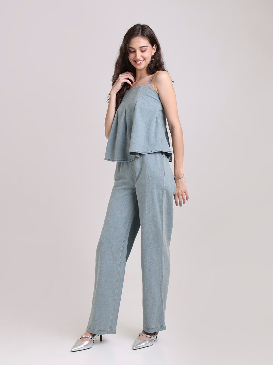 Washed Denim Co-Ord Set with Flared Cami Top & Wide-Leg Trousers