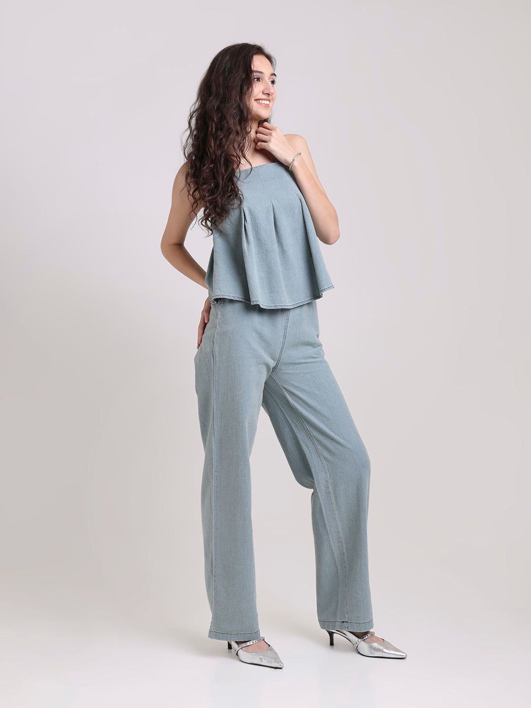 Washed Denim Co-Ord Set with Flared Cami Top & Wide-Leg Trousers