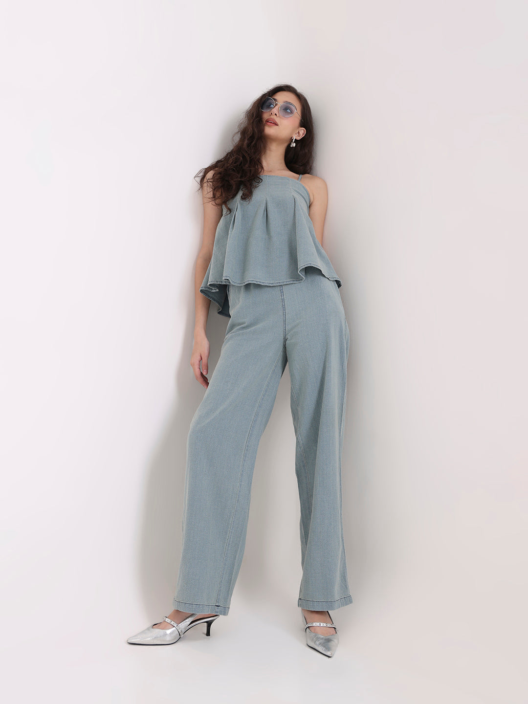 Washed Denim Co-Ord Set with Flared Cami Top & Wide-Leg Trousers