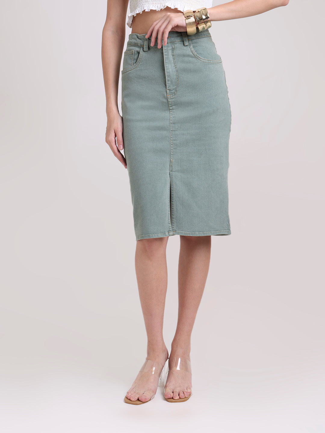 Light Denim Pencil Midi Skirt with Front Slit