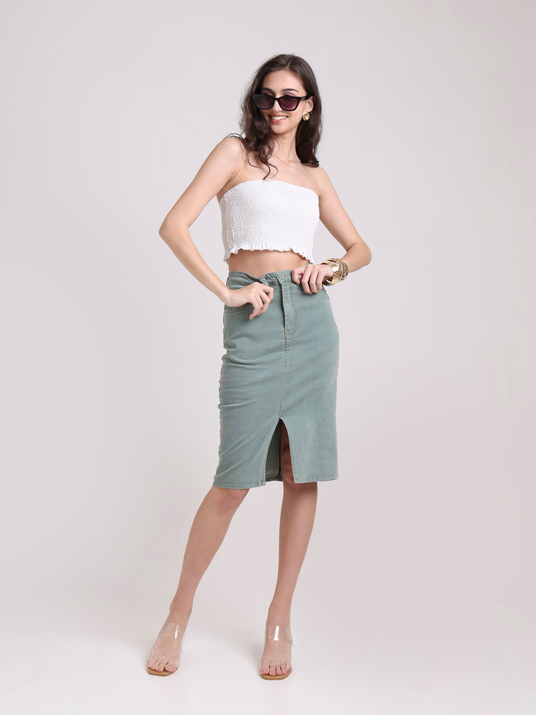 Light Denim Pencil Midi Skirt with Front Slit