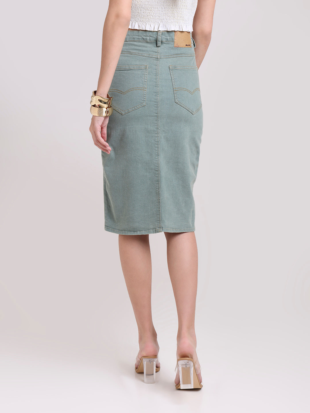 Light Denim Pencil Midi Skirt with Front Slit