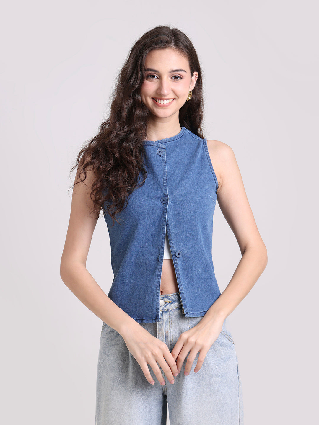 Denim Sleeveless Button-Down Jacket