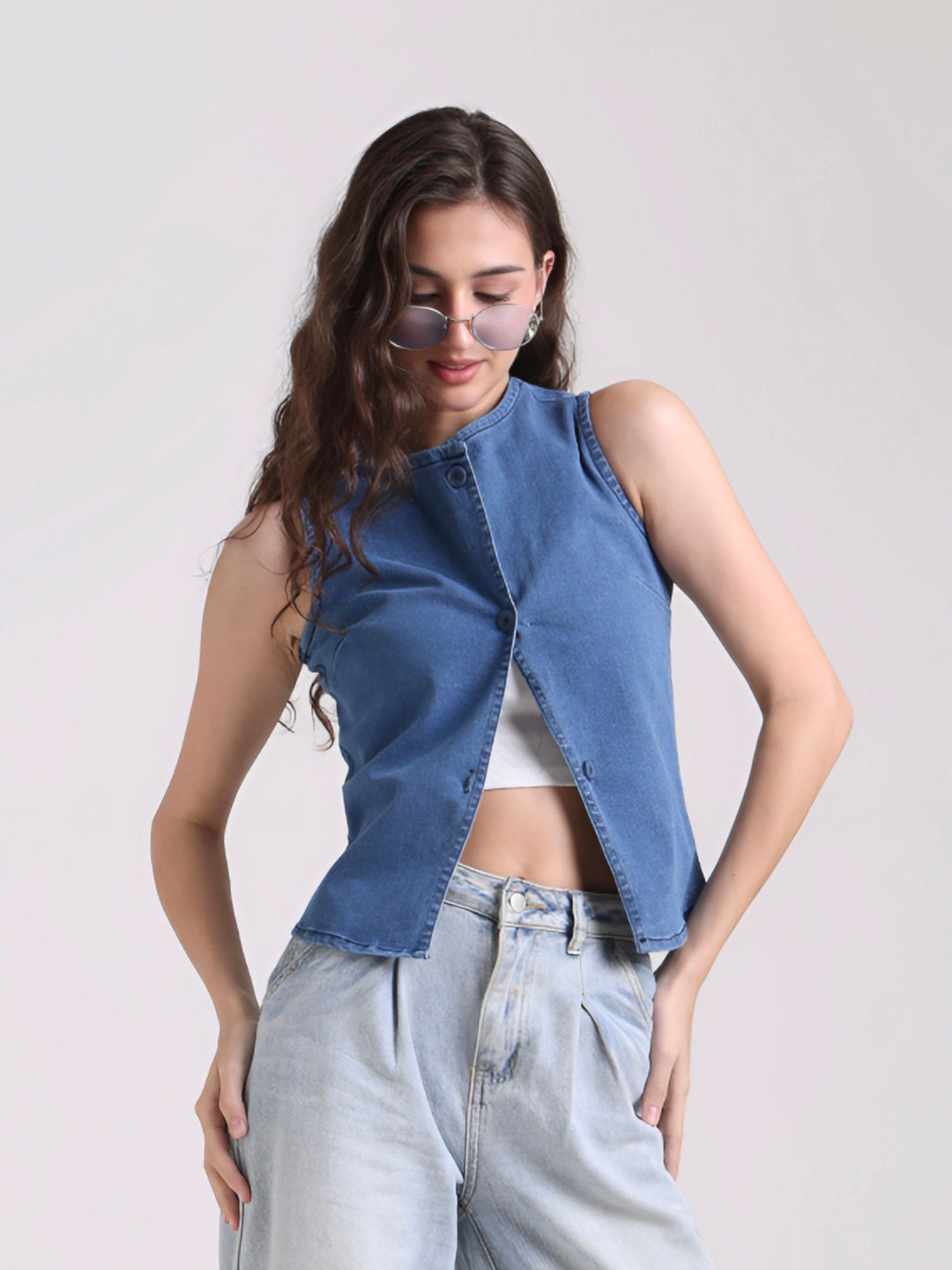Denim Sleeveless Button-Down Jacket