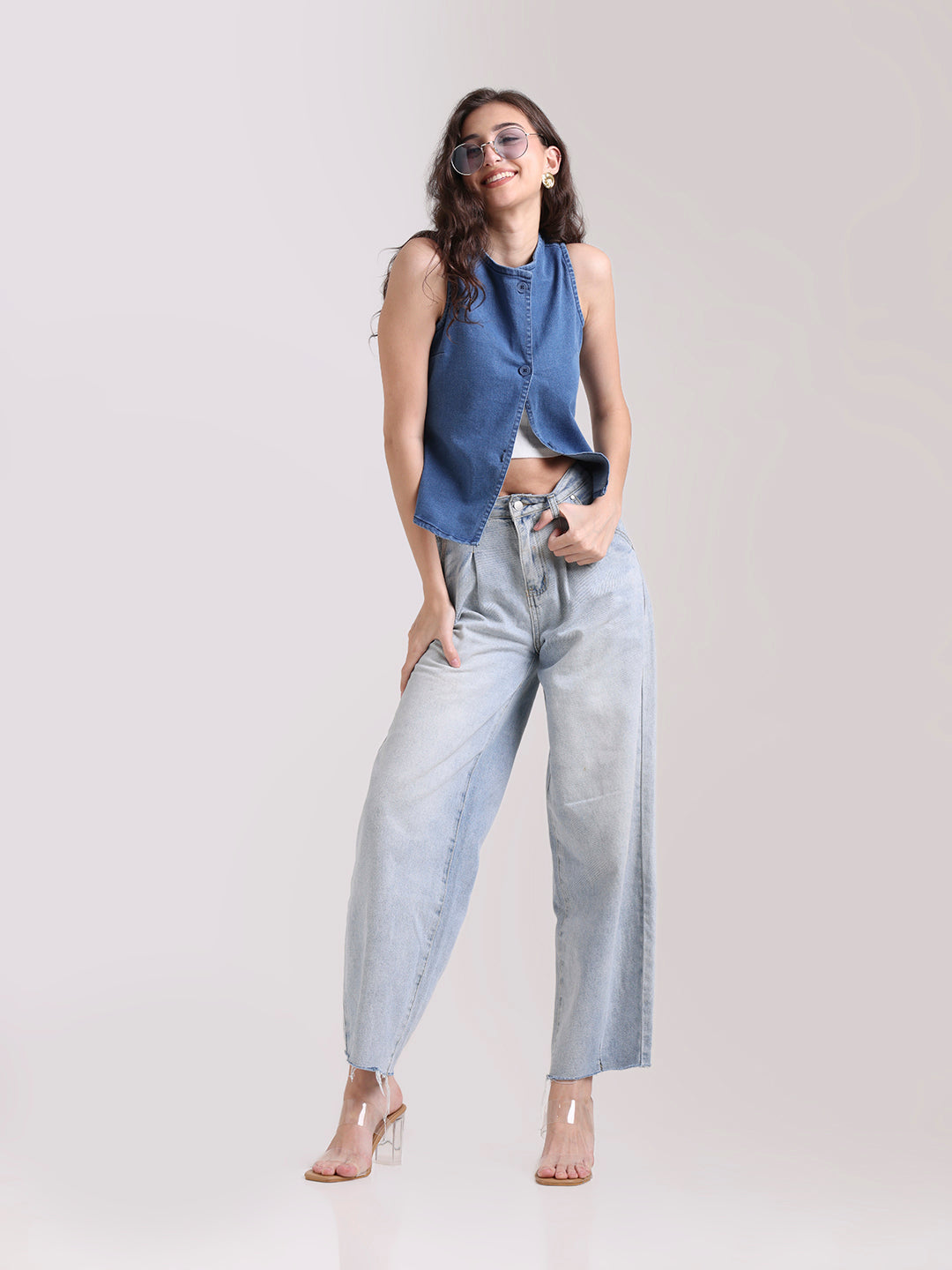 Denim Sleeveless Button-Down Jacket