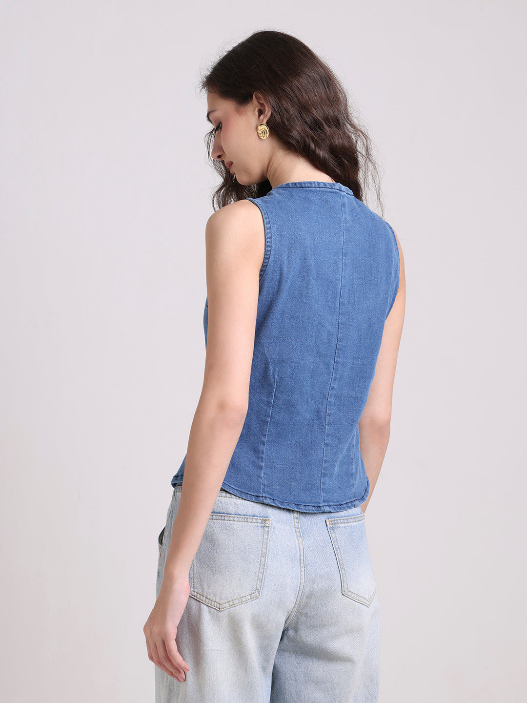 Denim Sleeveless Button-Down Jacket
