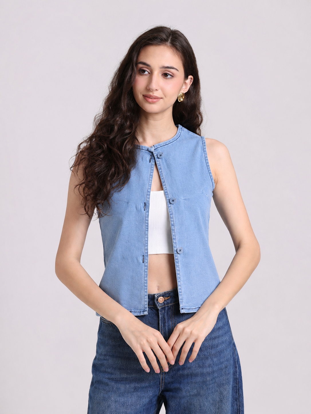 Light Denim Sleeveless Button-Down Jacket