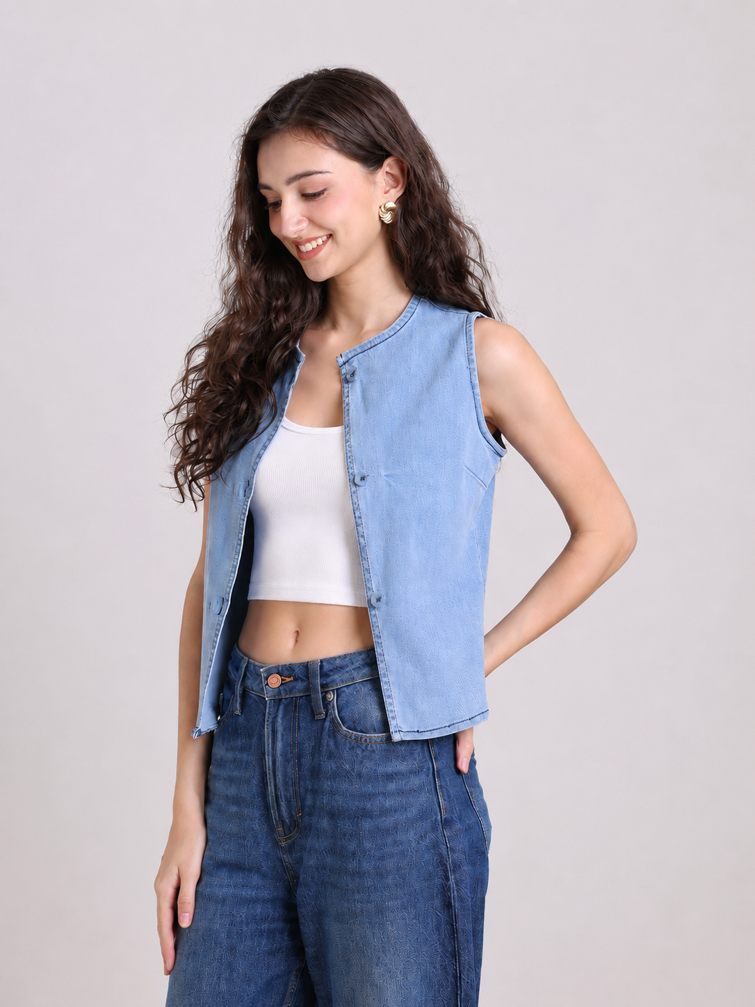 Light Denim Sleeveless Button-Down Jacket
