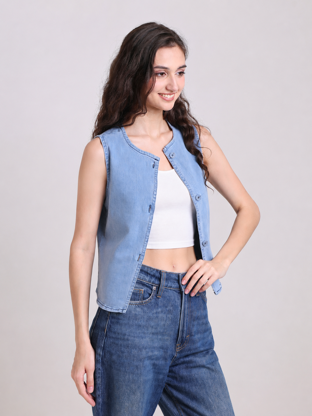 Light Denim Sleeveless Button-Down Jacket