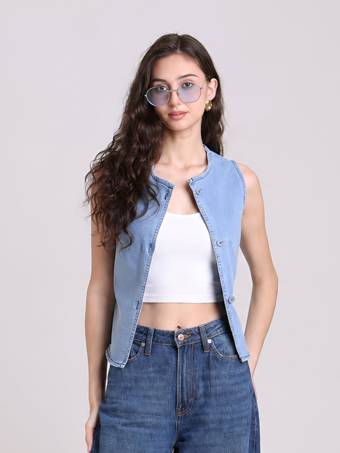 Light Denim Sleeveless Button-Down Jacket