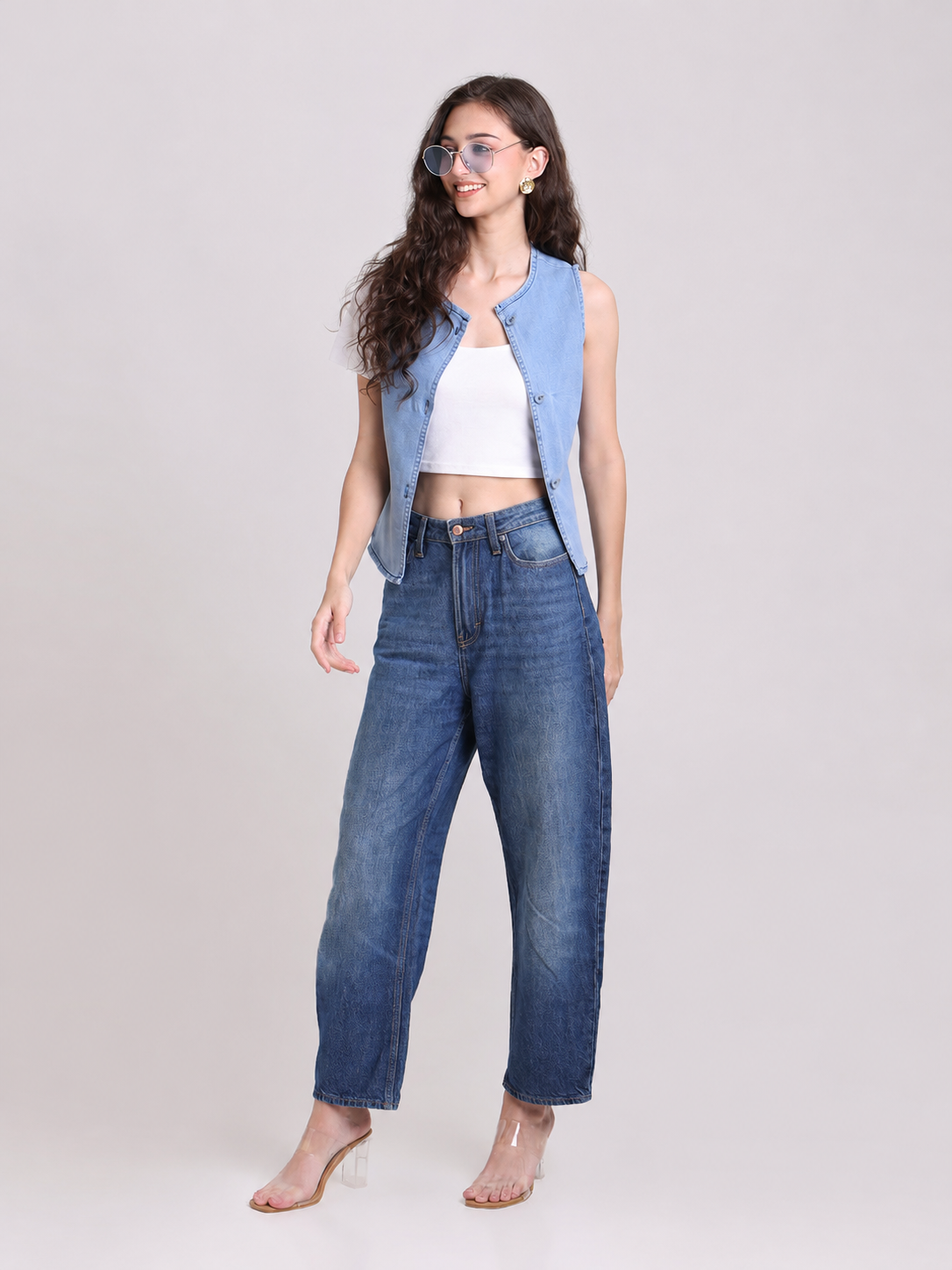 Light Denim Sleeveless Button-Down Jacket