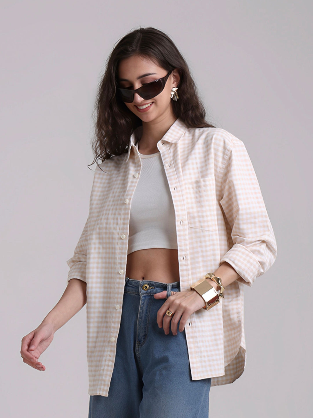 Beige Gingham Oversized Cotton Shirt