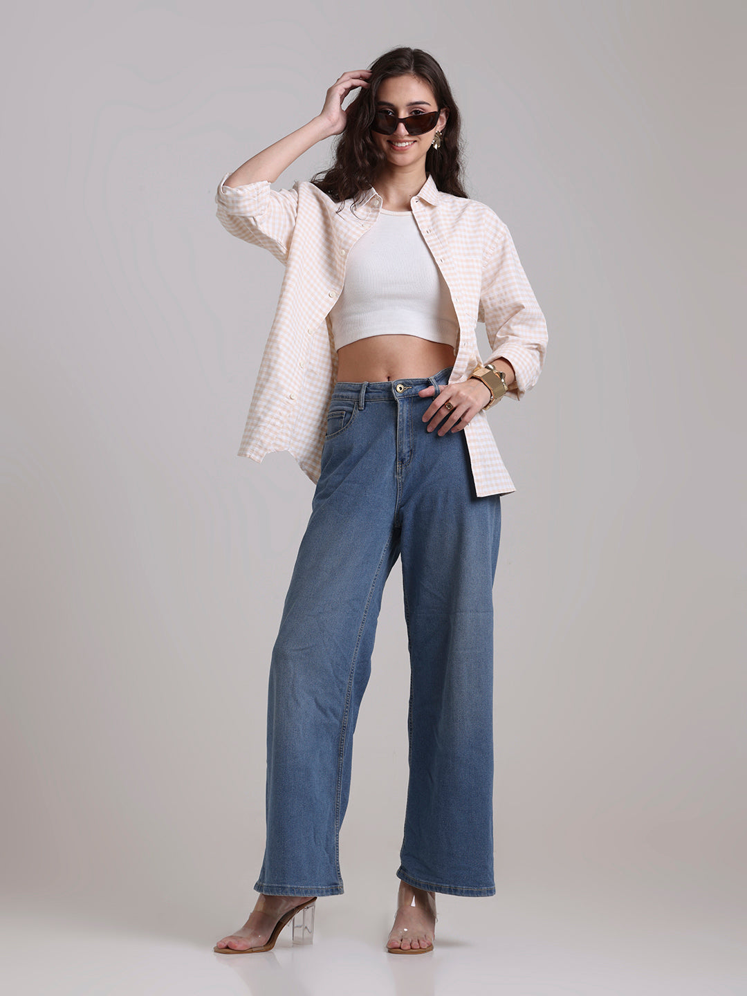 Beige Gingham Oversized Cotton Shirt