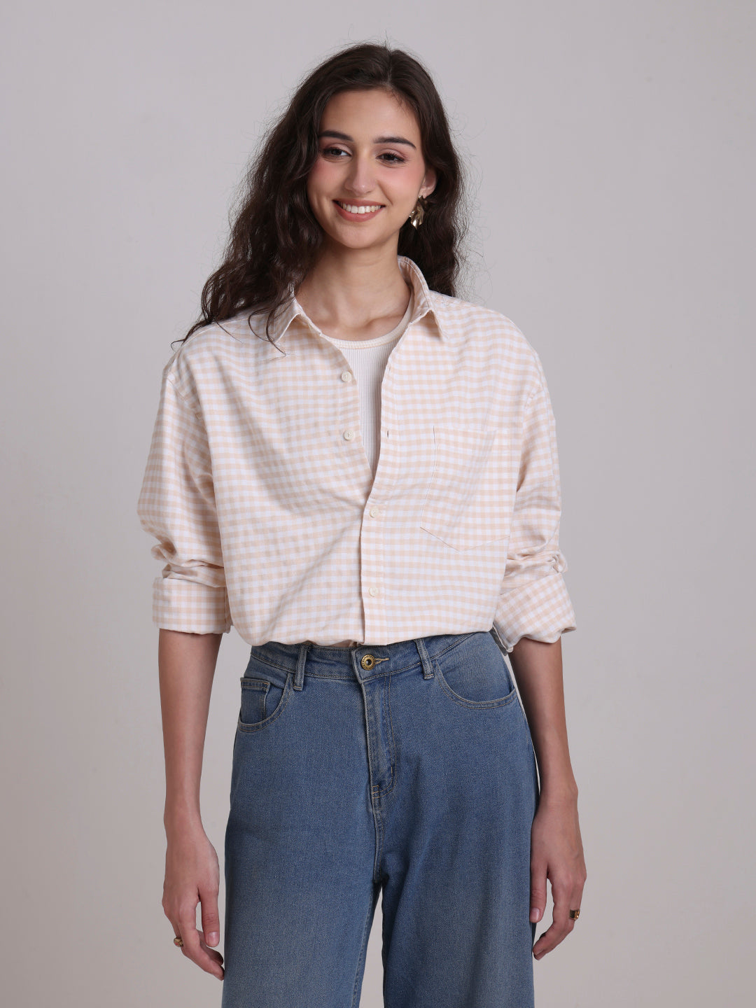 Beige Gingham Oversized Cotton Shirt