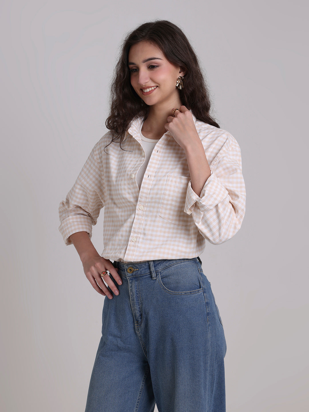 Beige Gingham Oversized Cotton Shirt