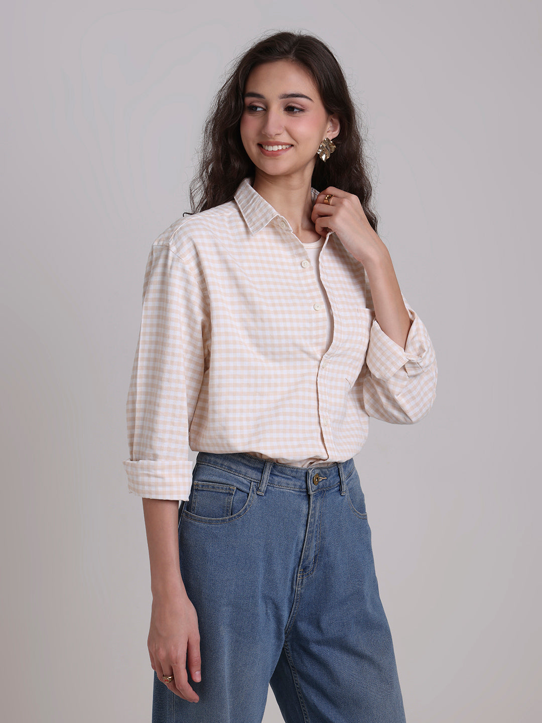 Beige Gingham Oversized Cotton Shirt