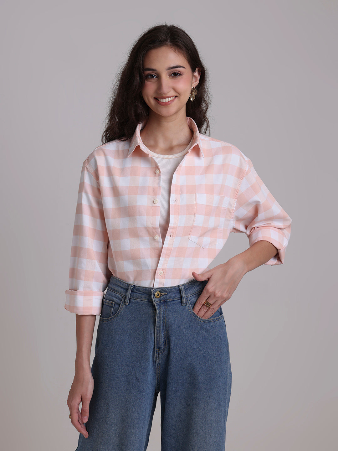 Oxford Peach Checkered Oversized Shirt