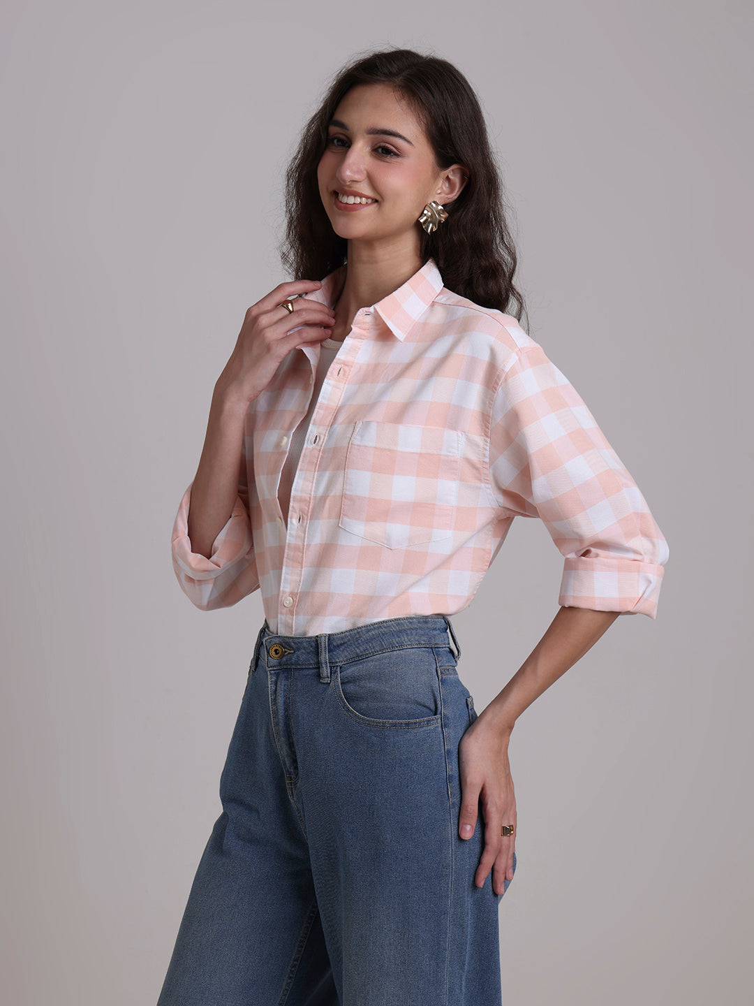 Oxford Peach Checkered Oversized Shirt
