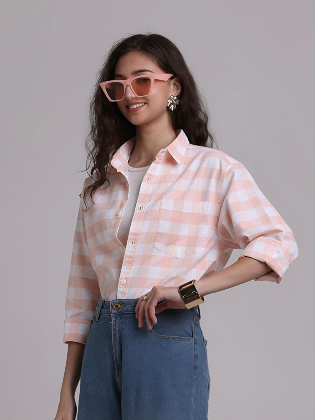 Oxford Peach Checkered Oversized Shirt
