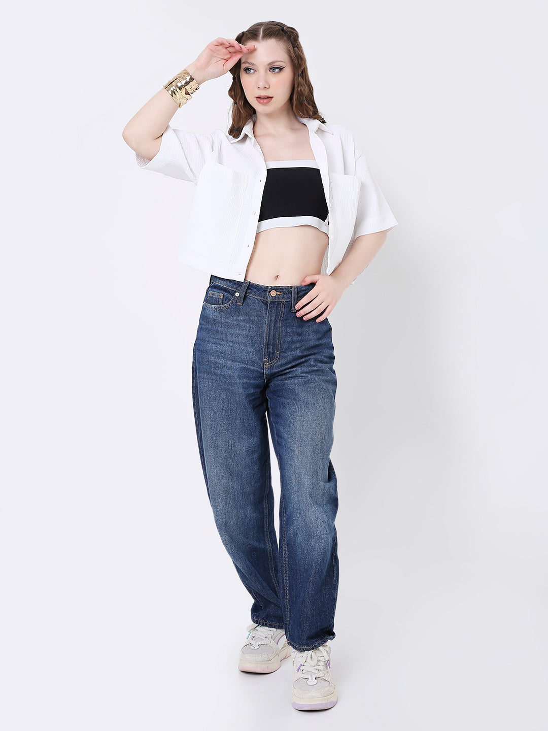 WHITE TEXTURED CROPPED SHIRT