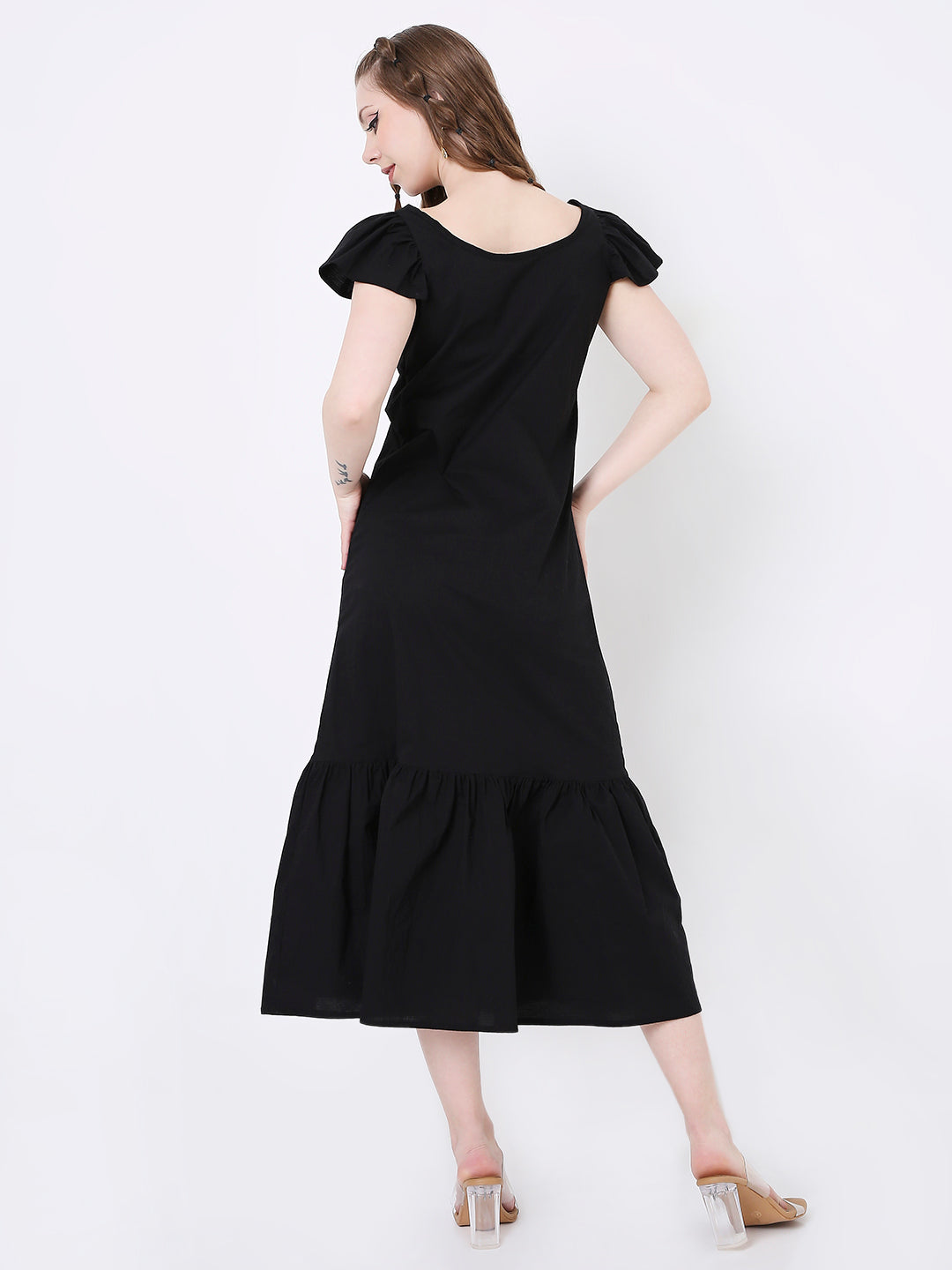 BLACK RUFFLE SLEEVELESS MIDI DRESS