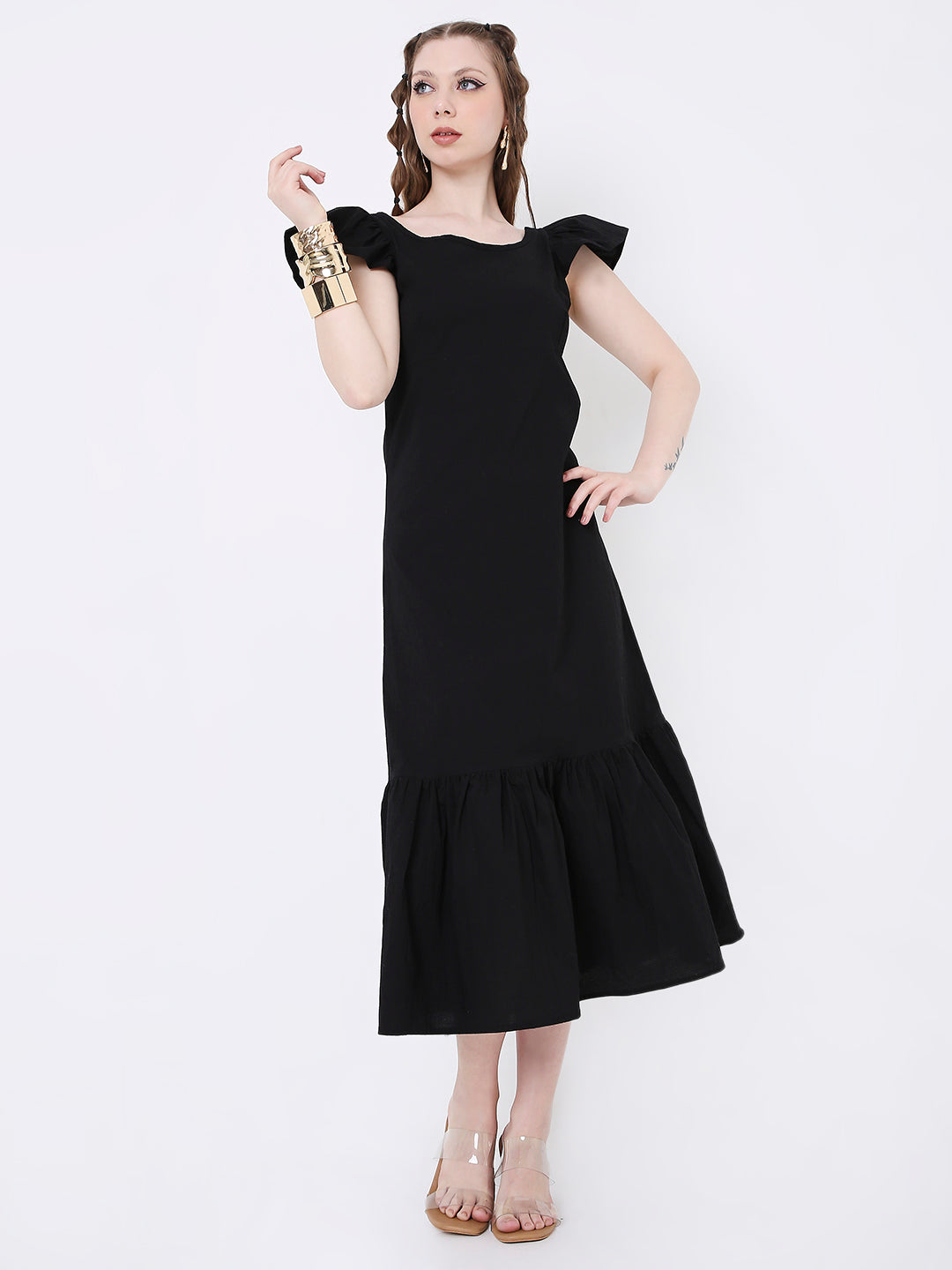 BLACK RUFFLE SLEEVELESS MIDI DRESS