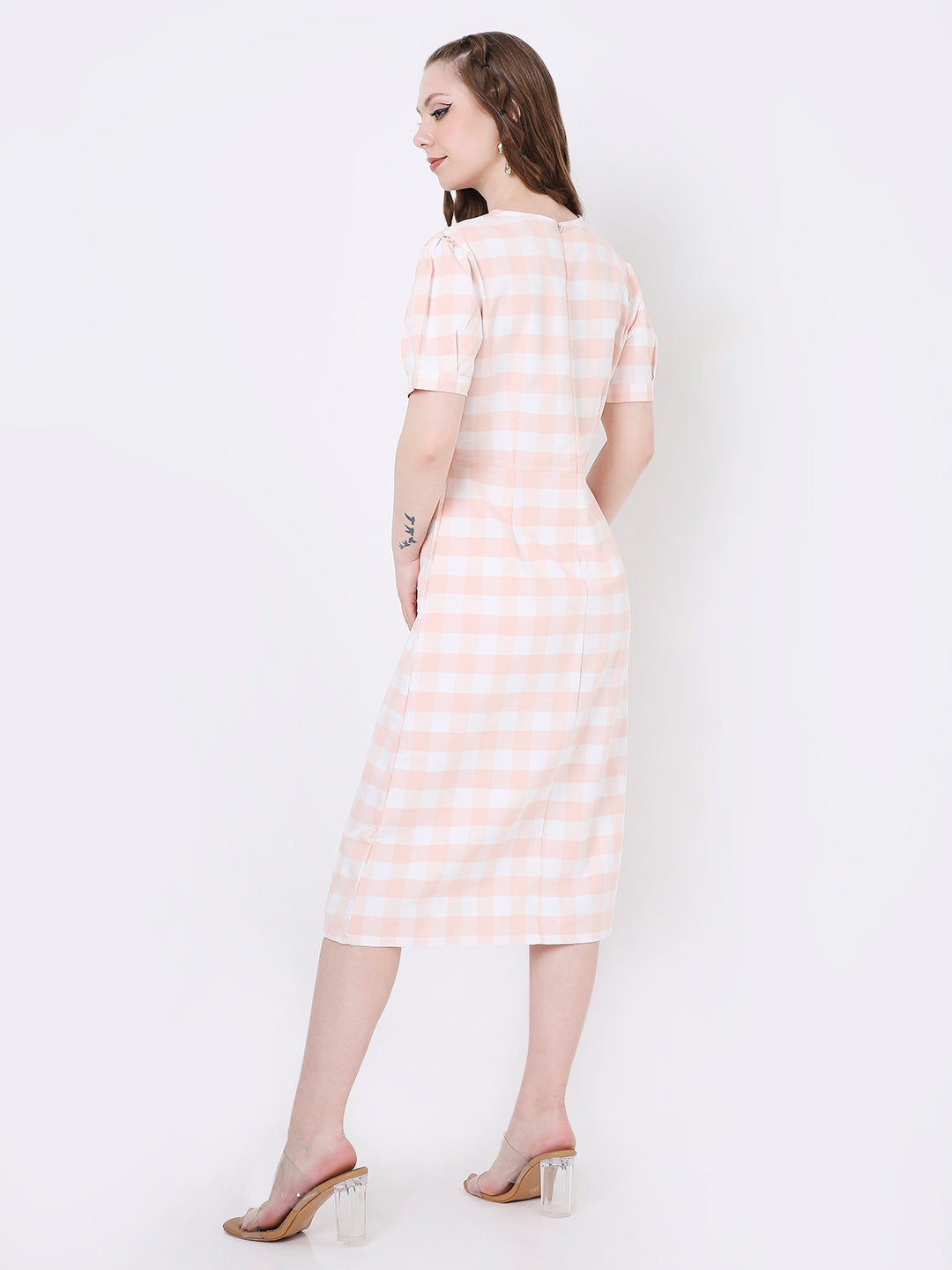 PEACH & WHITE GINGHAM MIDI DRESS