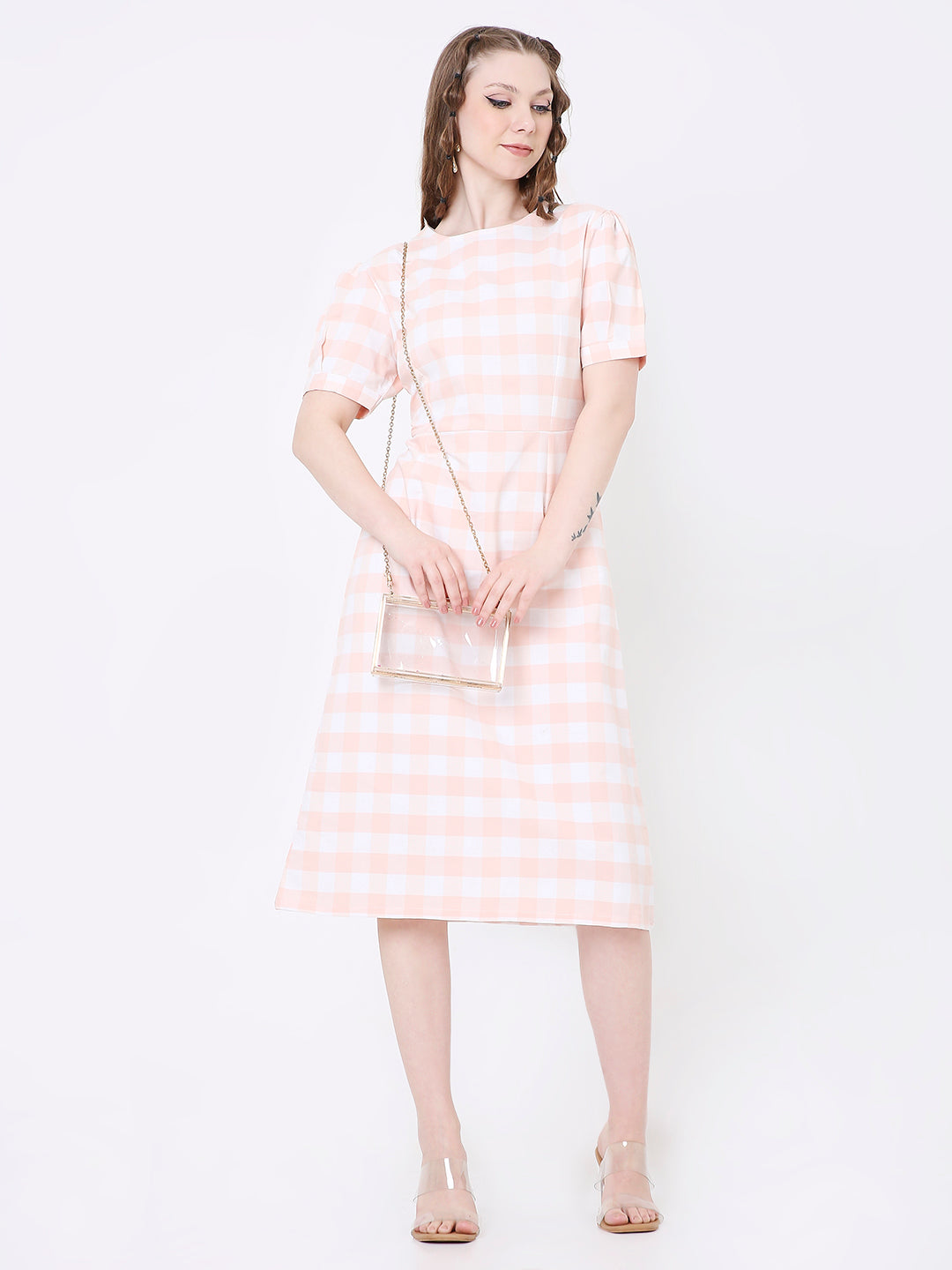 PEACH & WHITE GINGHAM MIDI DRESS