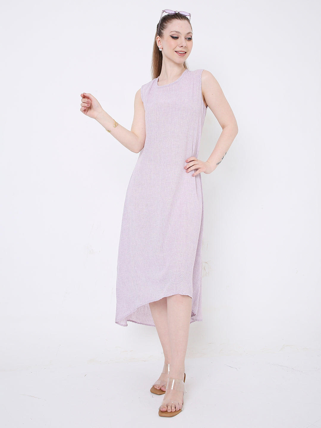 LAVENDER SLEEVELESS HIGH-LOW MIDI DRESS