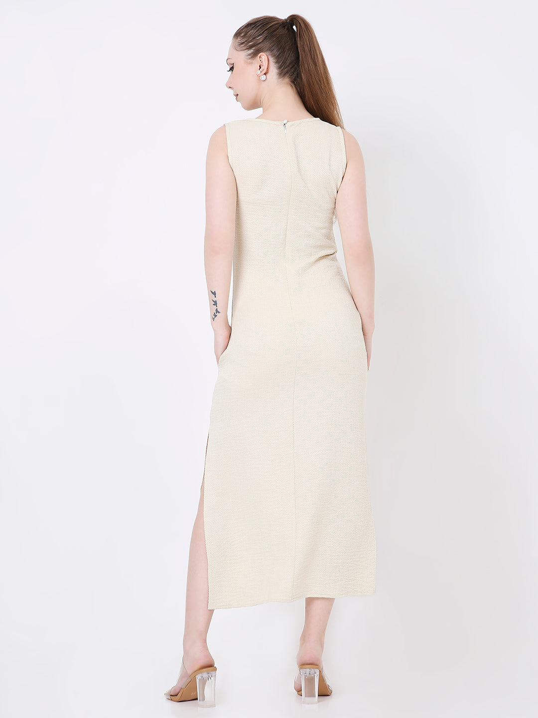 BEIGE SLEEVELESS TEXTURED MIDI DRESS WITH SIDE SLIT
