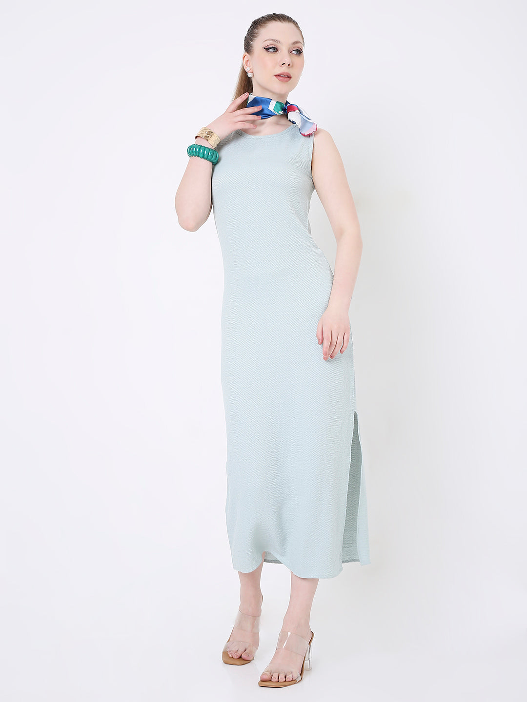 MINT SLEEVELESS TEXTURED MIDI DRESS WITH SIDE SLIT
